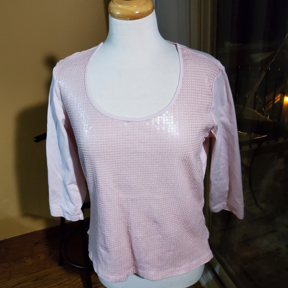 New York & Company Light Pink Sequin 3/4 Sleeve Top